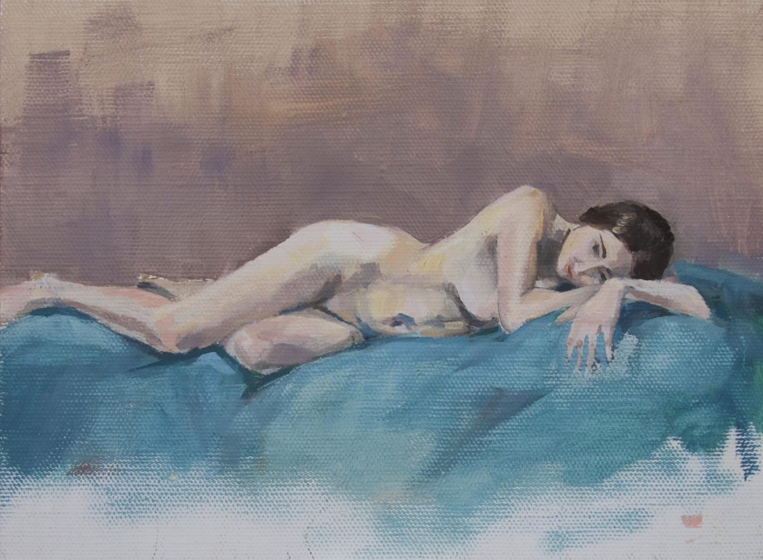 Alicia reclining | Oil on linen board, 18cm x 24cm