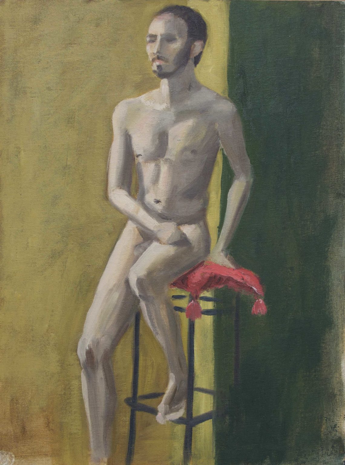 Male nude on pink cushion | Oil on linen board, 40cm x 30cm