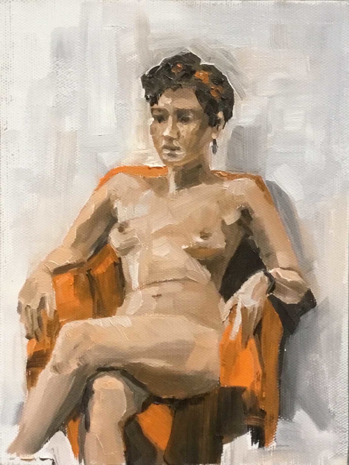 Seated nude orange chair | Oil on linen board, 24cm x 18cm